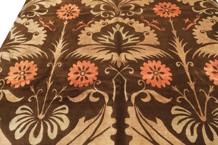 8x10 Brown, Tan, Peach Color Hand Knotted Tibetan Wool &amp; Pure Silk Traditional Oriental Rug