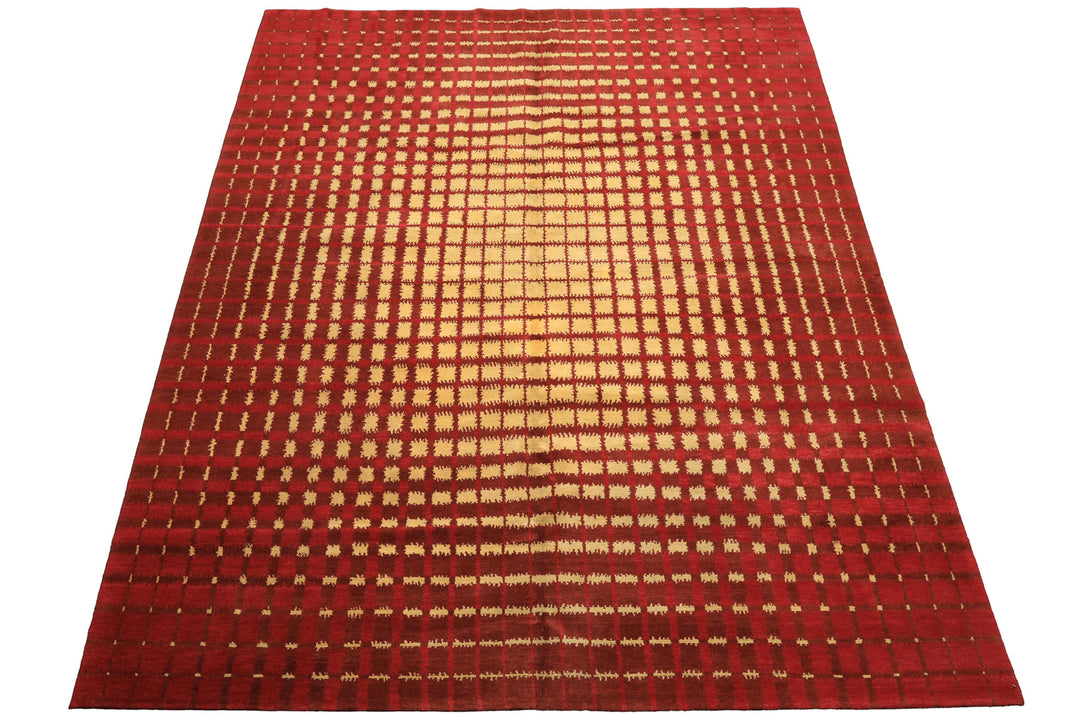 8x10 Gold, Rosy-Red, Brown Color Hand Knotted Tibetan Wool Modern & Contemporary Oriental Rug