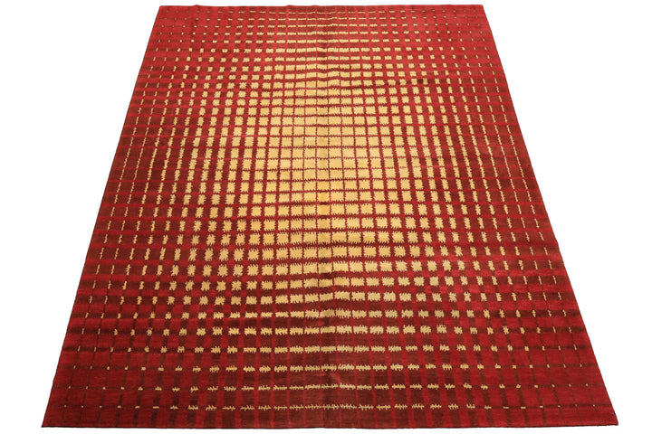 8x10 Gold, Rosy-Red, Brown Color Hand Knotted Tibetan Wool Modern & Contemporary Oriental Rug