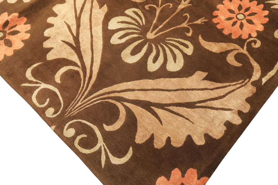8x10 Brown, Tan, Peach Color Hand Knotted Tibetan Wool &amp; Pure Silk Traditional Oriental Rug