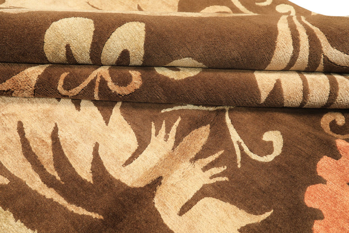 8x10 Brown, Tan, Peach Color Hand Knotted Tibetan Wool &amp; Pure Silk Traditional Oriental Rug