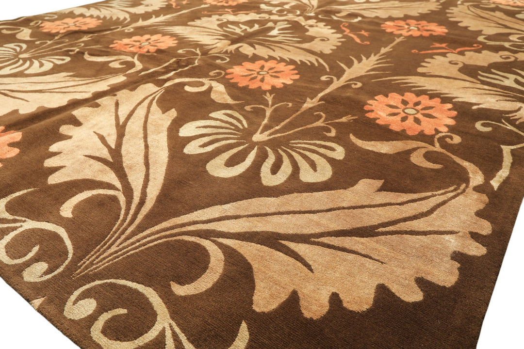 8x10 Brown, Tan, Peach Color Hand Knotted Tibetan Wool &amp; Pure Silk Traditional Oriental Rug