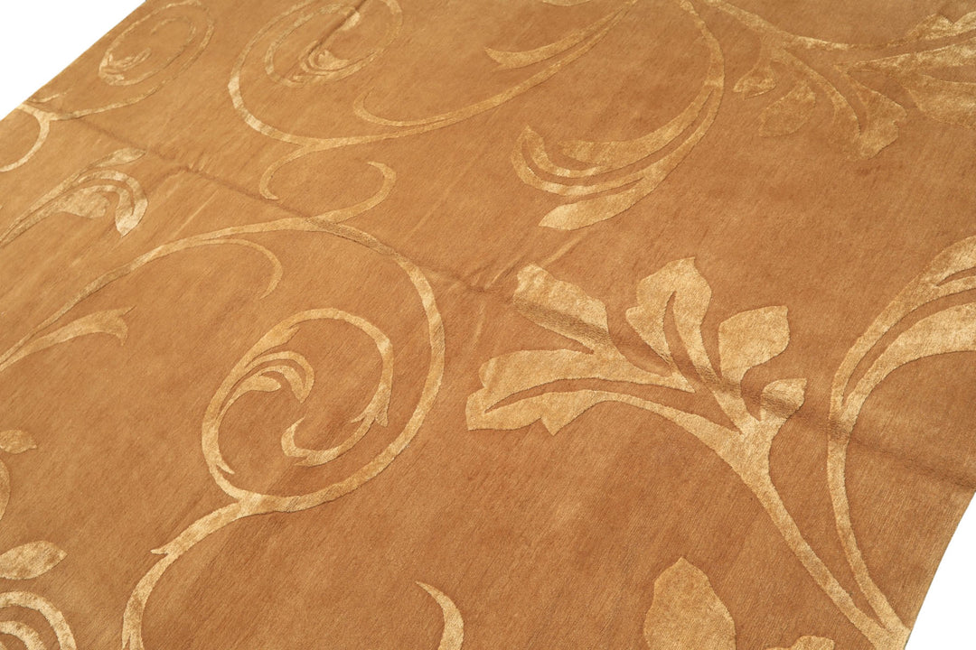 8x10 Tone on Tone Gold, , Color Hand Knotted Tibetan Wool &amp; Pure Silk Transitional Oriental Rug