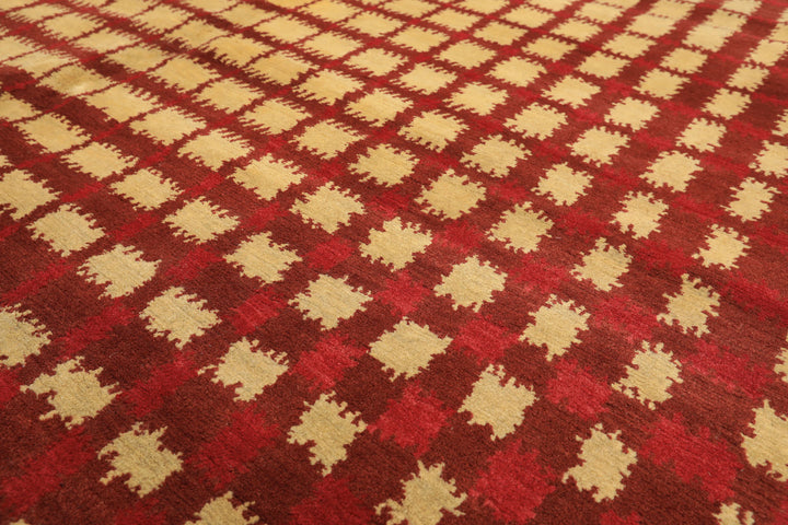 8x10 Gold, Rosy-Red, Brown Color Hand Knotted Tibetan Wool Modern & Contemporary Oriental Rug