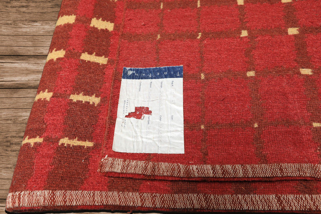 8x10 Gold, Rosy-Red, Brown Color Hand Knotted Tibetan Wool Modern & Contemporary Oriental Rug