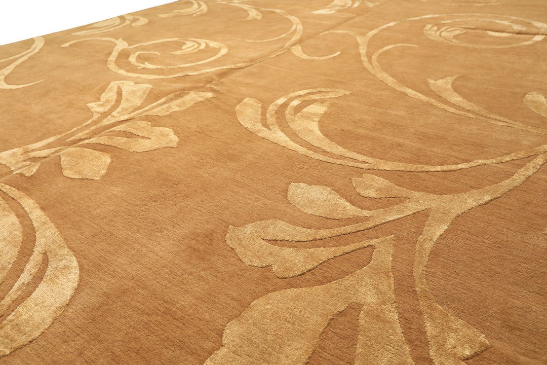8x10 Tone on Tone Gold, , Color Hand Knotted Tibetan Wool &amp; Pure Silk Transitional Oriental Rug