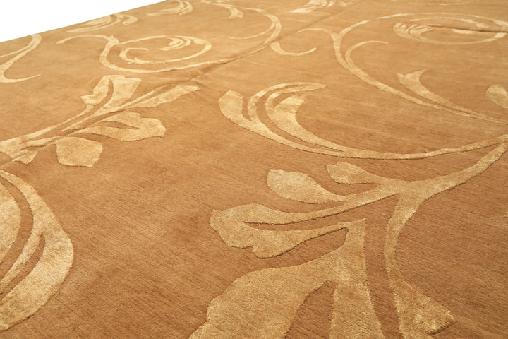 8x10 Tone on Tone Gold, , Color Hand Knotted Tibetan Wool &amp; Pure Silk Transitional Oriental Rug