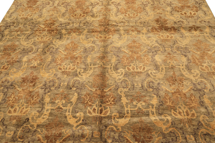 8x10 Brown, Gold, Tan Color Hand Knotted Indo Tibetan Wool Transitional Oriental Rug