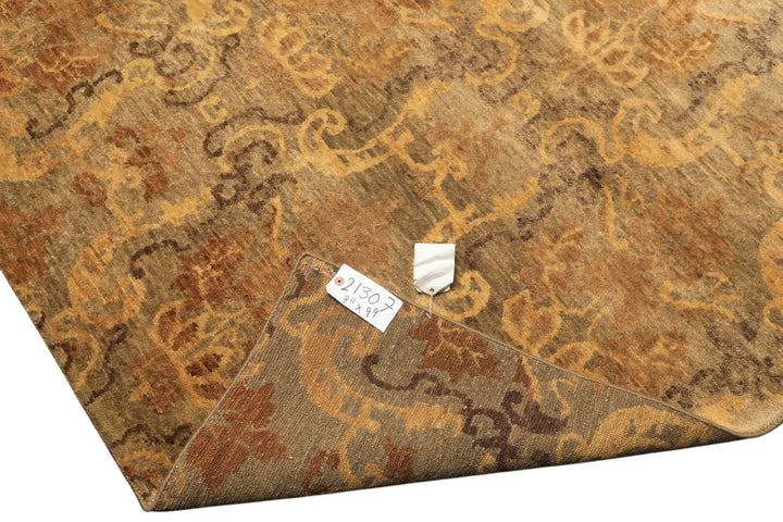 8x10 Brown, Gold, Tan Color Hand Knotted Indo Tibetan Wool Transitional Oriental Rug