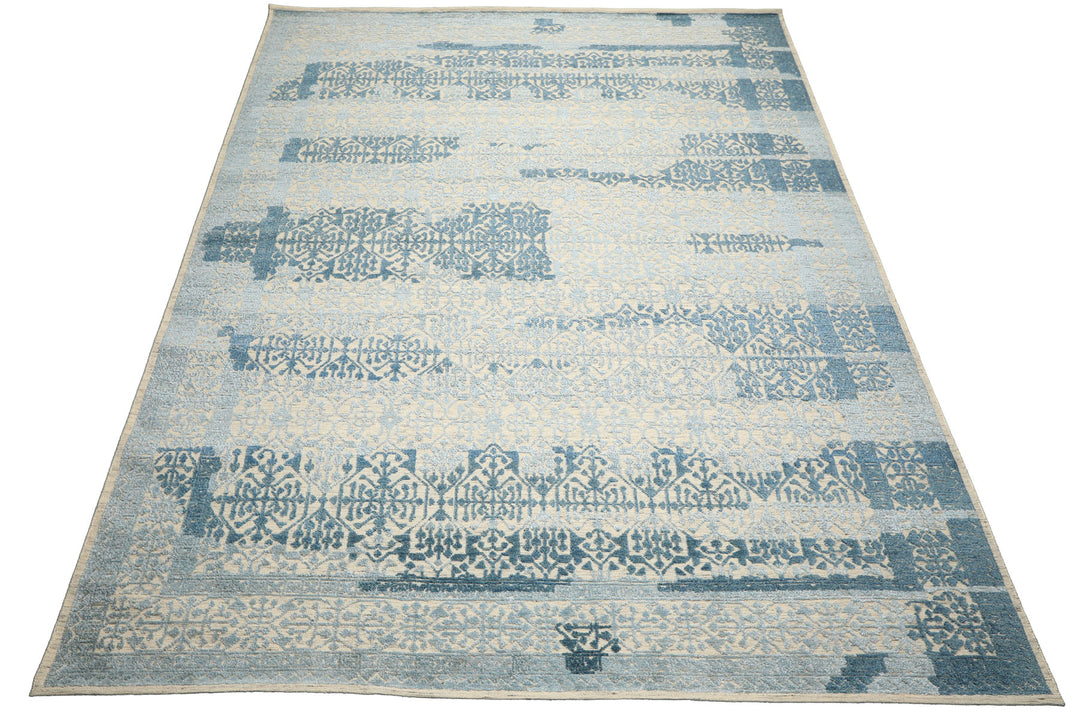 9x12 Blue, Ivory, Color Hand Knotted Oushak Wool & Bamboo Silk Transitional Oriental Rug