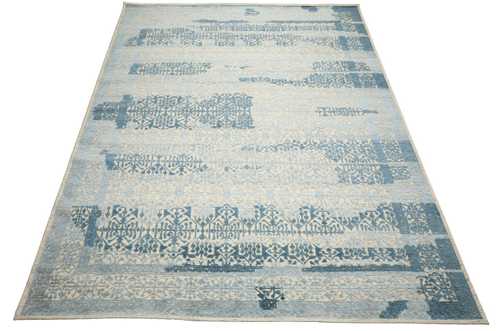 9x12 Blue, Ivory, Color Hand Knotted Oushak Wool & Bamboo Silk Transitional Oriental Rug