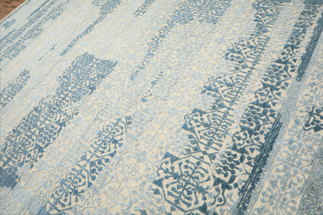 9x12 Blue, Ivory, Color Hand Knotted Oushak Wool & Bamboo Silk Transitional Oriental Rug
