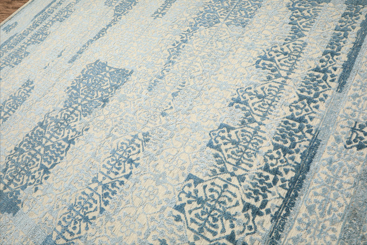 9x12 Blue, Ivory, Color Hand Knotted Oushak Wool & Bamboo Silk Transitional Oriental Rug