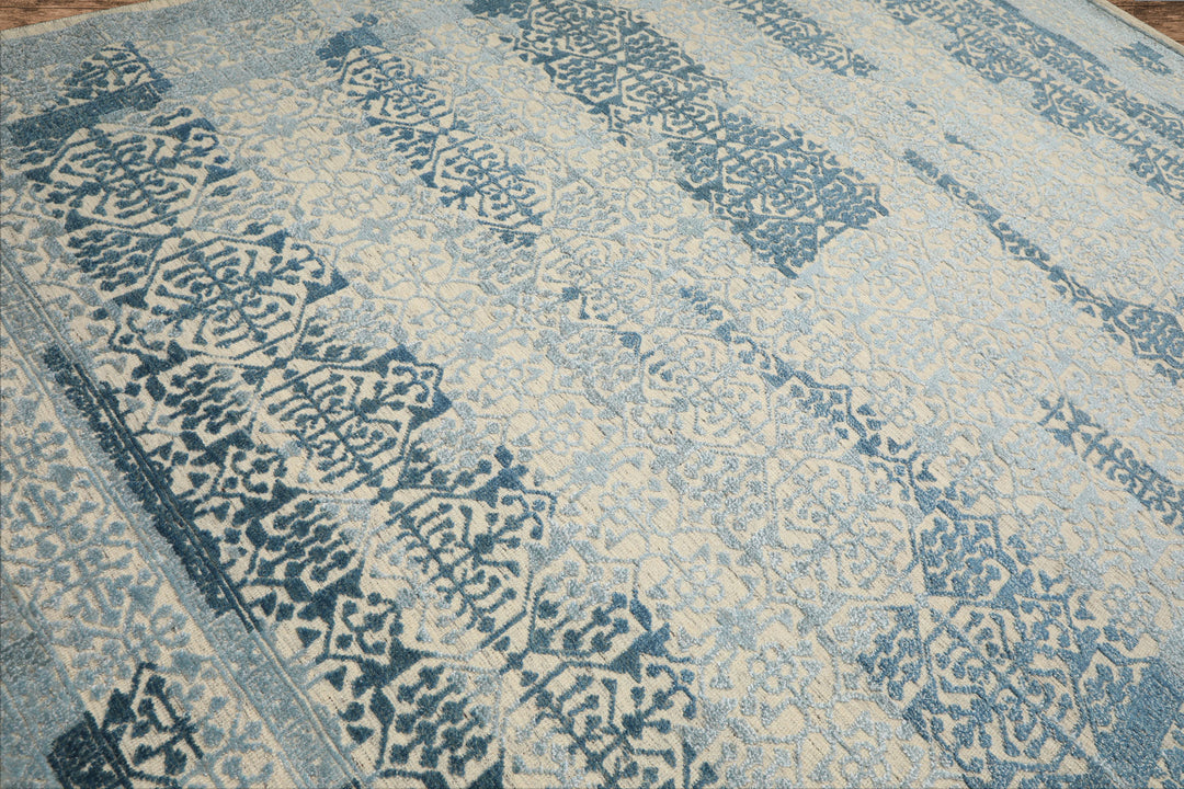 9x12 Blue, Ivory, Color Hand Knotted Oushak Wool & Bamboo Silk Transitional Oriental Rug