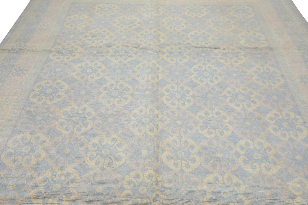 8x10 Blue, Ivory, Seafoam Color Hand Knotted Tibetan Wool Transitional Oriental Rug