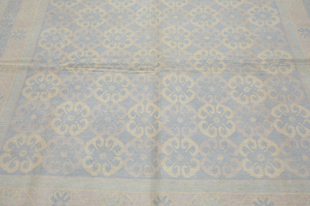 8x10 Blue, Ivory, Seafoam Color Hand Knotted Tibetan Wool Transitional Oriental Rug