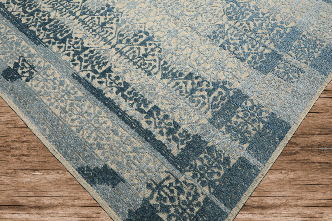 9x12 Blue, Ivory, Color Hand Knotted Oushak Wool & Bamboo Silk Transitional Oriental Rug