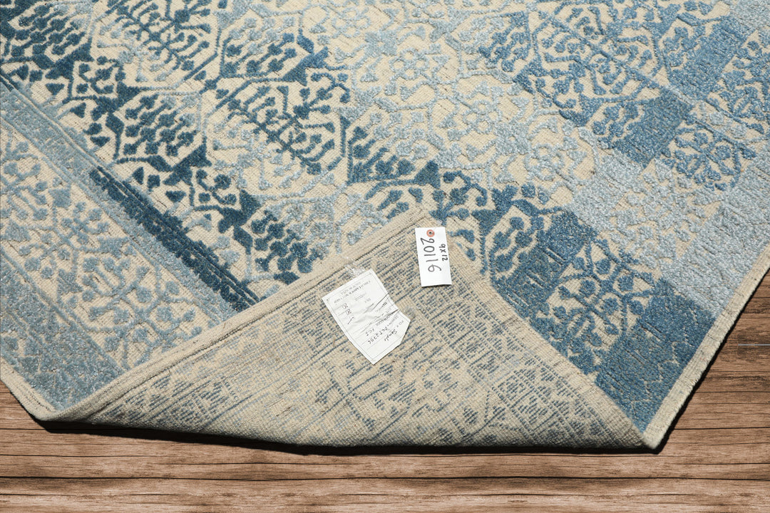 9x12 Blue, Ivory, Color Hand Knotted Oushak Wool & Bamboo Silk Transitional Oriental Rug