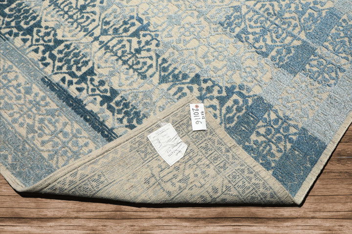 9x12 Blue, Ivory, Color Hand Knotted Oushak Wool & Bamboo Silk Transitional Oriental Rug