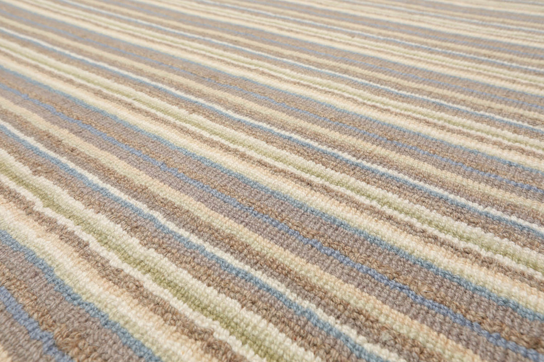 Multi Size Ivory Taupe Blue Color Hand Tufted Striped New Zealand Wool Contemporary Oriental Rug
