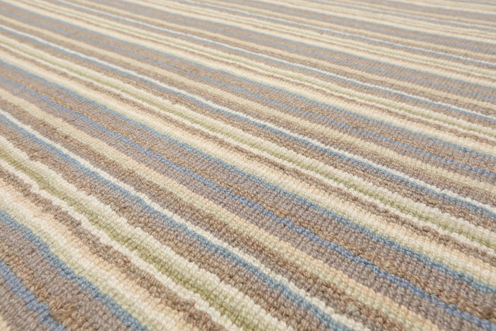 Multi Size Ivory Taupe Blue Color Hand Tufted Striped New Zealand Wool Contemporary Oriental Rug
