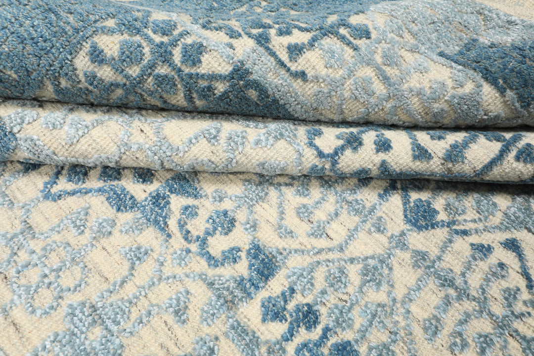 9x12 Blue, Ivory, Color Hand Knotted Oushak Wool & Bamboo Silk Transitional Oriental Rug