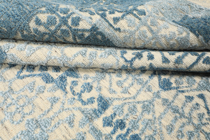 9x12 Blue, Ivory, Color Hand Knotted Oushak Wool & Bamboo Silk Transitional Oriental Rug