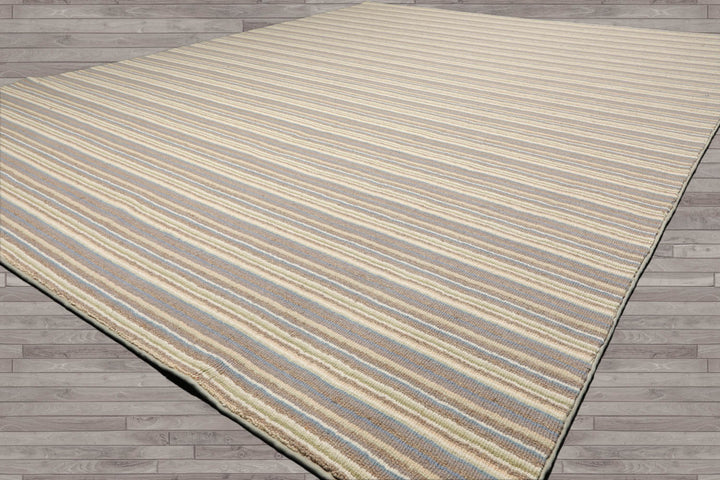 Multi Size Ivory Taupe Blue Color Hand Tufted Striped New Zealand Wool Contemporary Oriental Rug