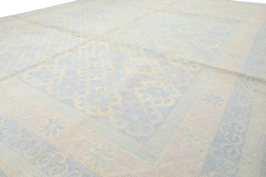 8x10 Blue, Ivory, Seafoam Color Hand Knotted Tibetan Wool Transitional Oriental Rug