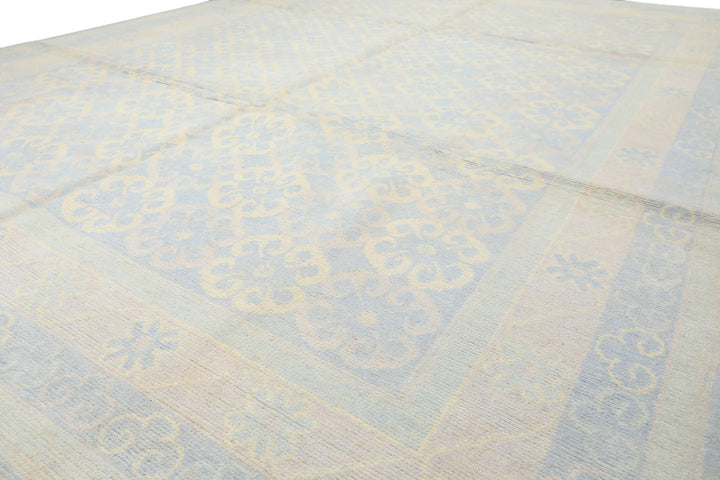 8x10 Blue, Ivory, Seafoam Color Hand Knotted Tibetan Wool Transitional Oriental Rug
