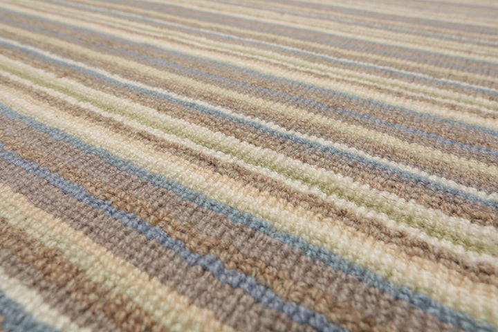 Multi Size Ivory Taupe Blue Color Hand Tufted Striped New Zealand Wool Contemporary Oriental Rug