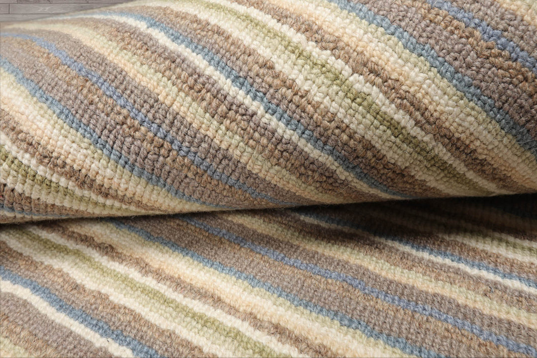 Multi Size Ivory Taupe Blue Color Hand Tufted Striped New Zealand Wool Contemporary Oriental Rug