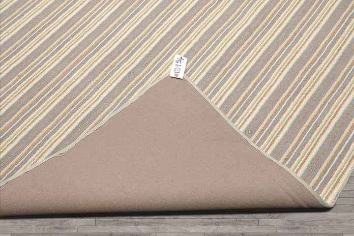 Multi Size Ivory Taupe Blue Color Hand Tufted Striped New Zealand Wool Contemporary Oriental Rug