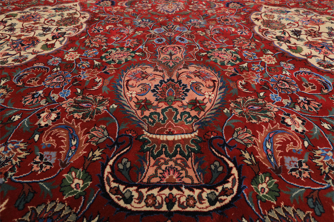 10x14 Red, Navy, Ivory Color Hand Knotted Pak Persian Wool &amp; Silk Traditional Oriental Rug