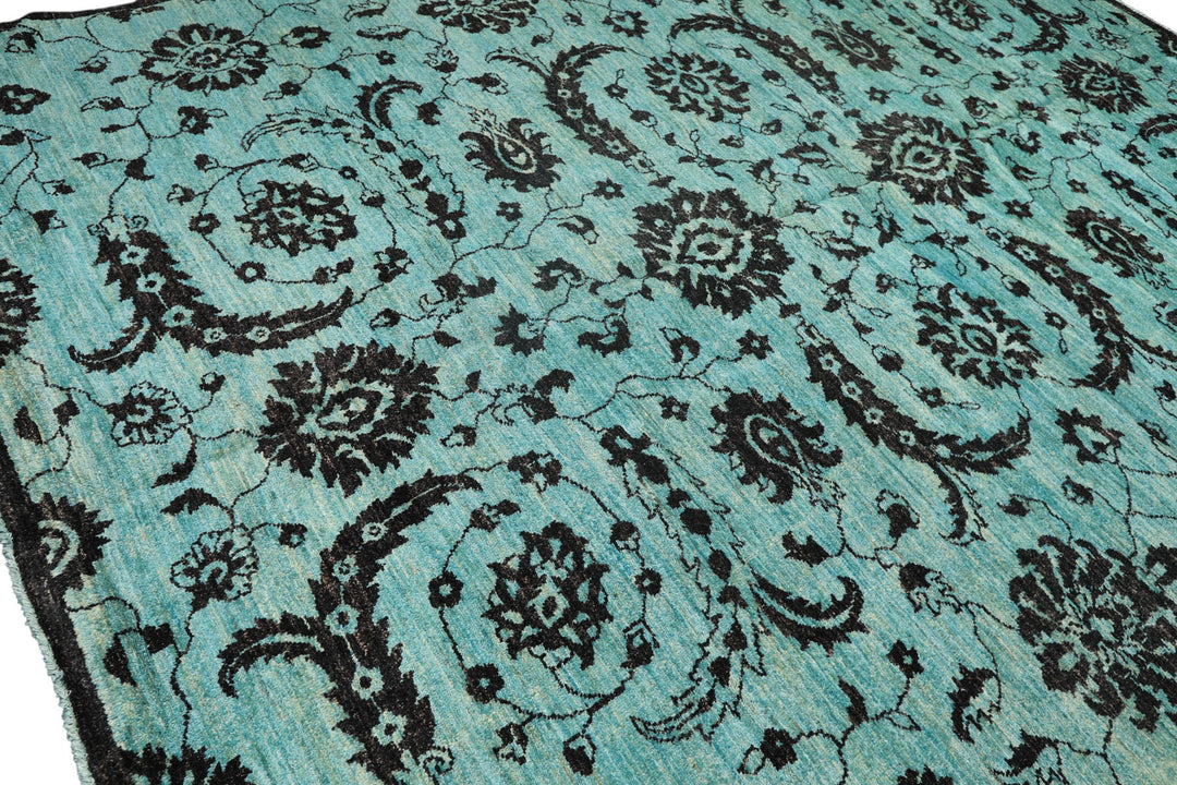 9x12 Turquoise, Dark Chocolate, Color Hand Knotted Oushak Wool Traditional Oriental Rug