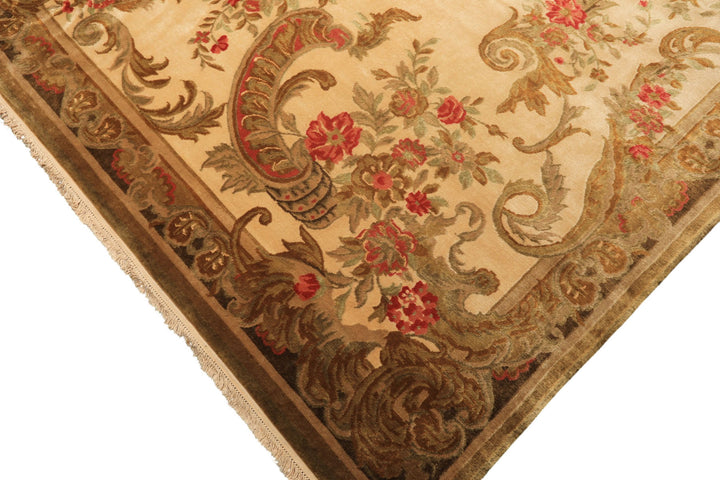 Palace Tan, Gold, Green Color Hand Knotted French Aubusson Savonnerie New Zealand Wool &amp; Silk Traditional Oriental Rug
