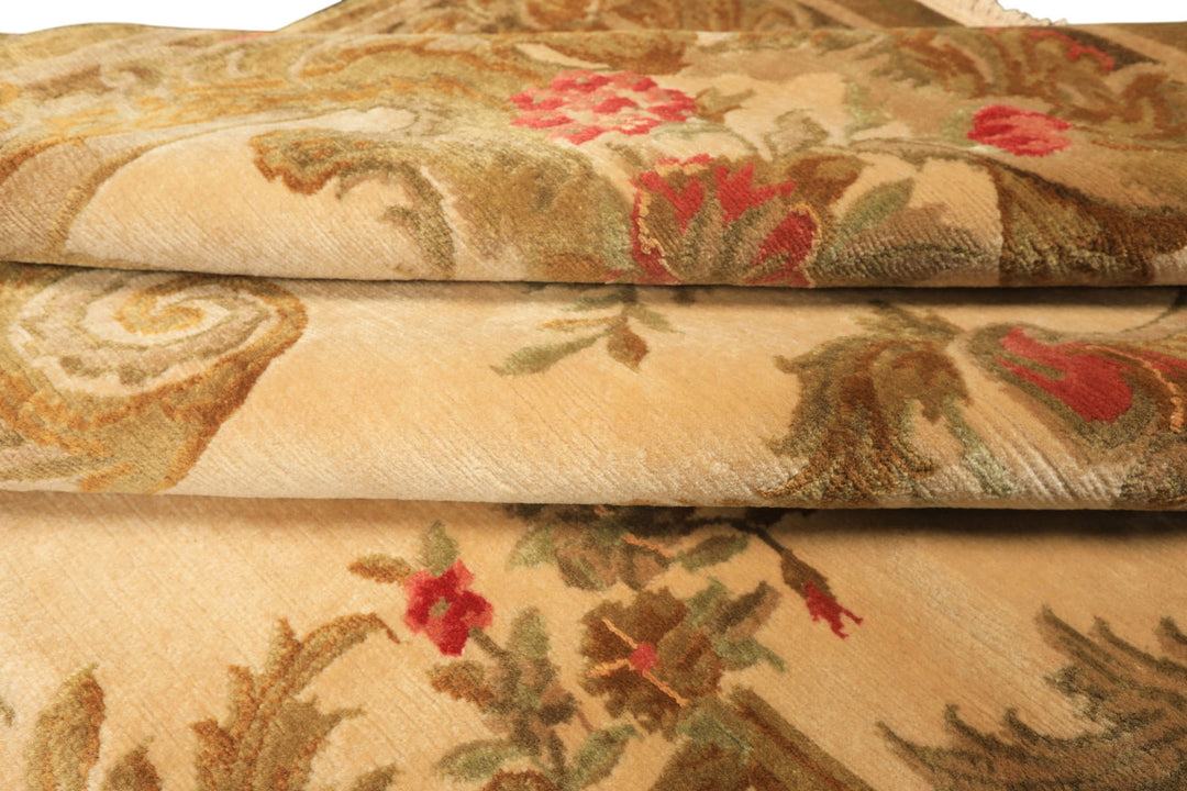 Palace Tan, Gold, Green Color Hand Knotted French Aubusson Savonnerie New Zealand Wool &amp; Silk Traditional Oriental Rug
