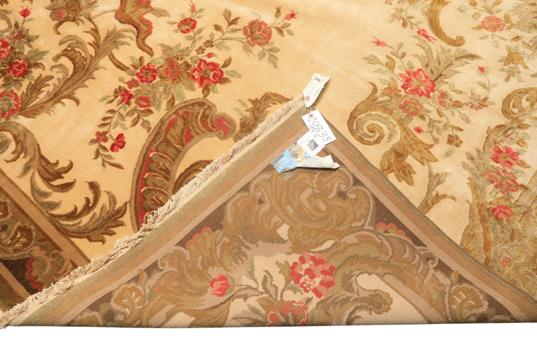 Palace Tan, Gold, Green Color Hand Knotted French Aubusson Savonnerie New Zealand Wool &amp; Silk Traditional Oriental Rug