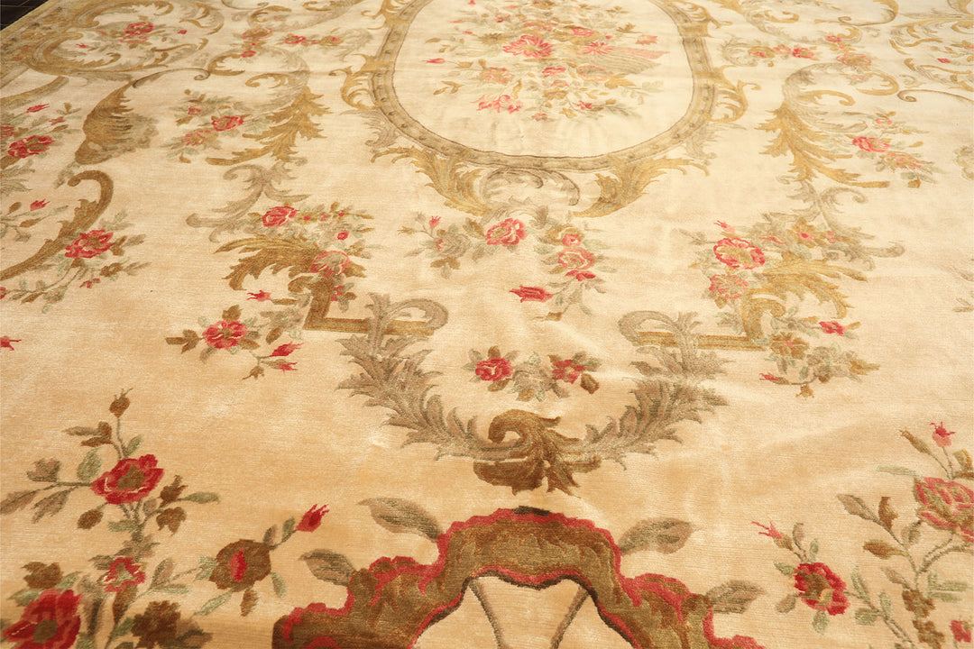 Palace Tan, Gold, Green Color Hand Knotted French Aubusson Savonnerie New Zealand Wool &amp; Silk Traditional Oriental Rug