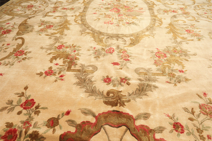 Palace Tan, Gold, Green Color Hand Knotted French Aubusson Savonnerie New Zealand Wool &amp; Silk Traditional Oriental Rug