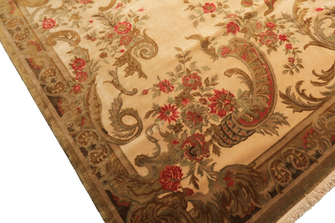 Palace Tan, Gold, Green Color Hand Knotted French Aubusson Savonnerie New Zealand Wool &amp; Silk Traditional Oriental Rug