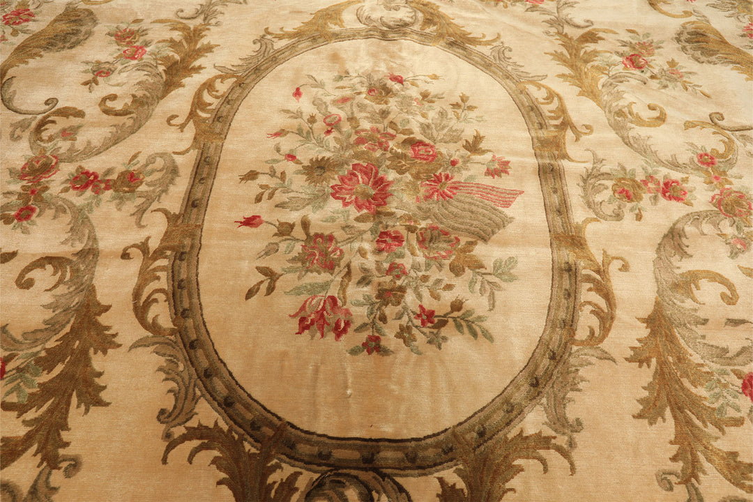 Palace Tan, Gold, Green Color Hand Knotted French Aubusson Savonnerie New Zealand Wool &amp; Silk Traditional Oriental Rug