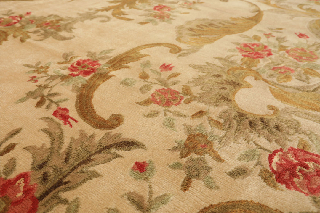 Palace Tan, Gold, Green Color Hand Knotted French Aubusson Savonnerie New Zealand Wool &amp; Silk Traditional Oriental Rug