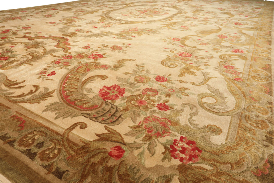 Palace Tan, Gold, Green Color Hand Knotted French Aubusson Savonnerie New Zealand Wool &amp; Silk Traditional Oriental Rug