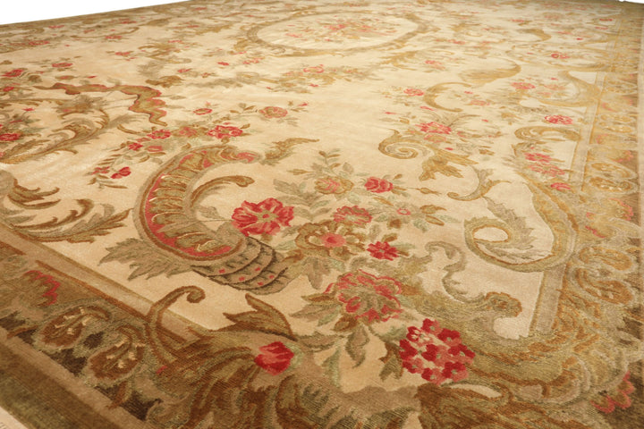 Palace Tan, Gold, Green Color Hand Knotted French Aubusson Savonnerie New Zealand Wool &amp; Silk Traditional Oriental Rug