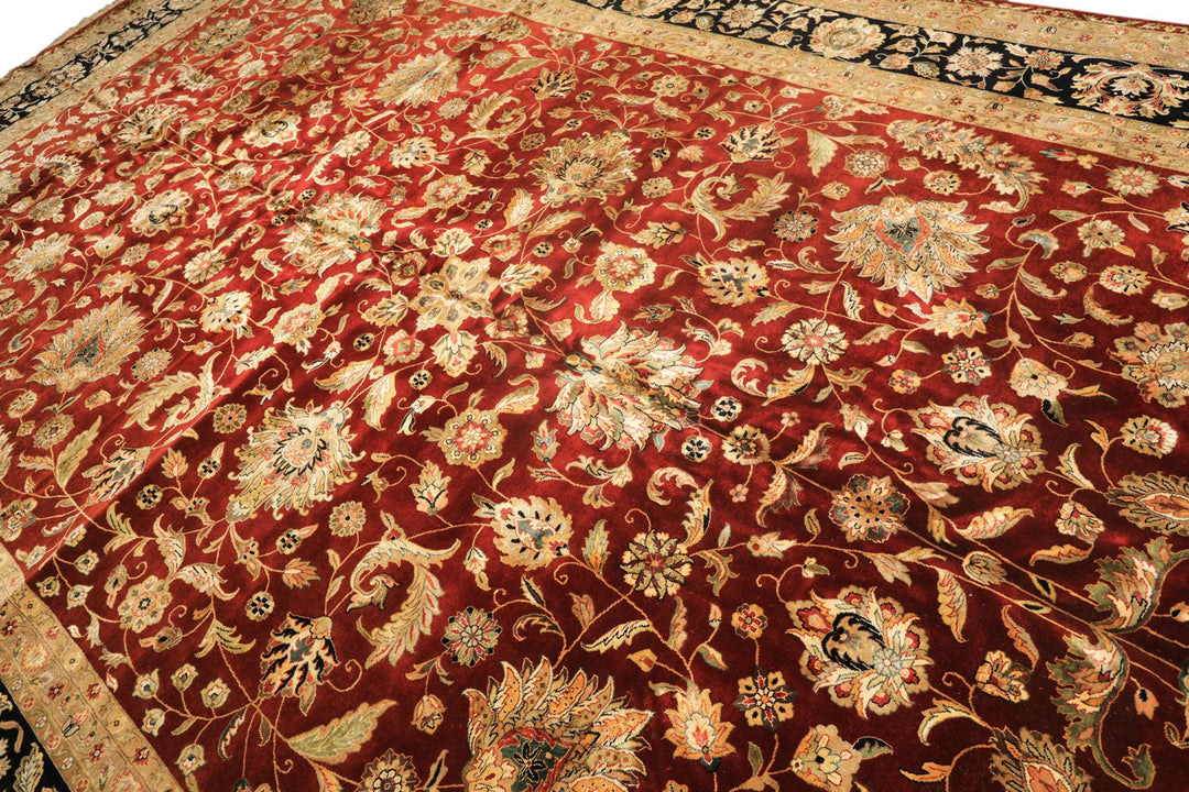 Palace Maroon, Black, Taupe Color Hand Knotted Agra New Zealand Wool &amp; Silk Traditional Oriental Rug
