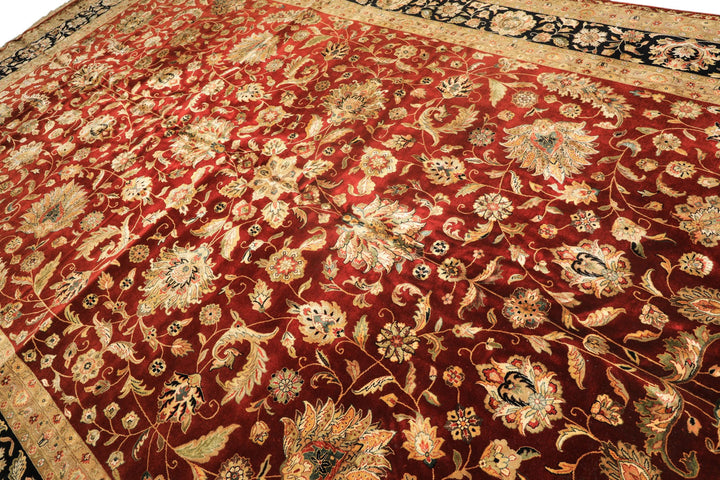 Palace Maroon, Black, Taupe Color Hand Knotted Agra New Zealand Wool &amp; Silk Traditional Oriental Rug