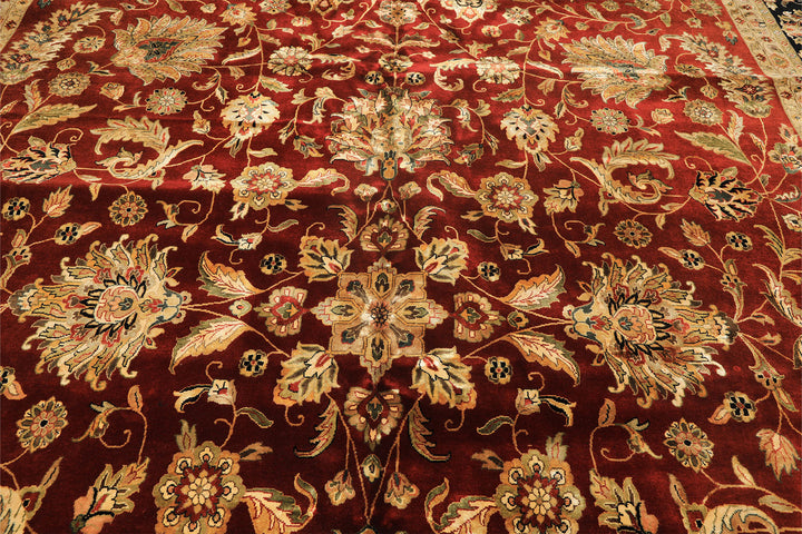 Palace Maroon, Black, Taupe Color Hand Knotted Agra New Zealand Wool &amp; Silk Traditional Oriental Rug