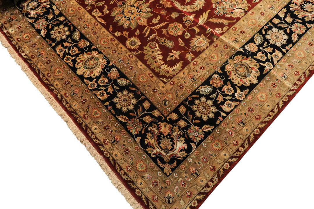 Palace Maroon, Black, Taupe Color Hand Knotted Agra New Zealand Wool &amp; Silk Traditional Oriental Rug