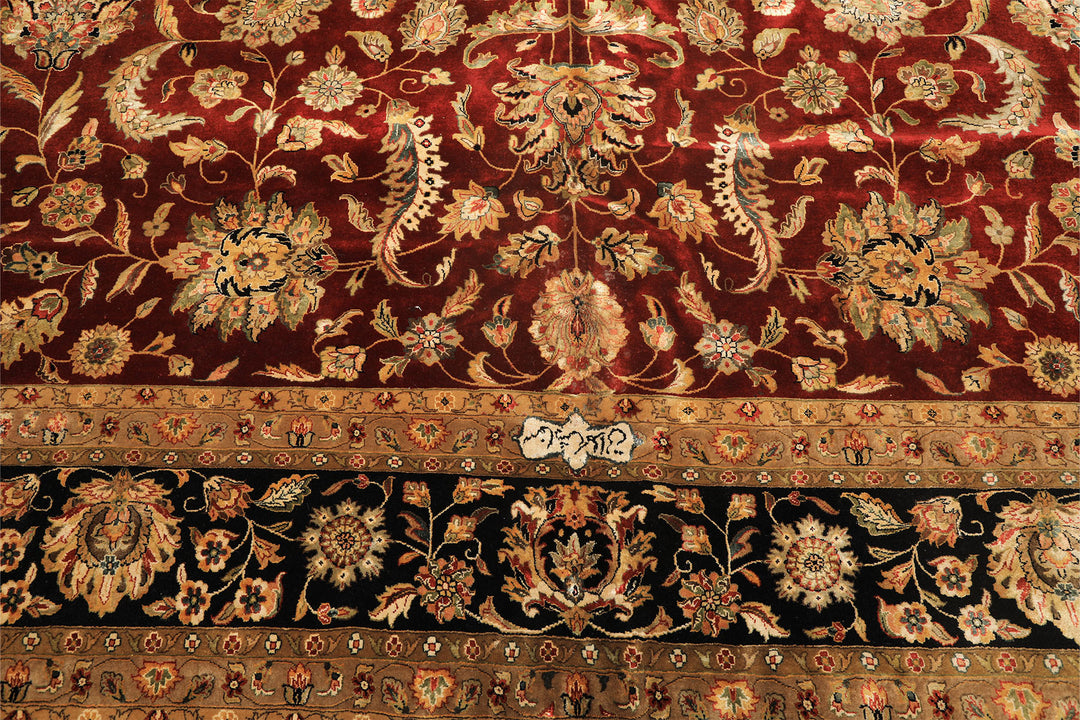 Palace Maroon, Black, Taupe Color Hand Knotted Agra New Zealand Wool &amp; Silk Traditional Oriental Rug